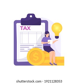 a concept of tax consultant, financial administration, manager. a woman gives an idea to solve a problem about taxation. management of finance. flat style. vector design