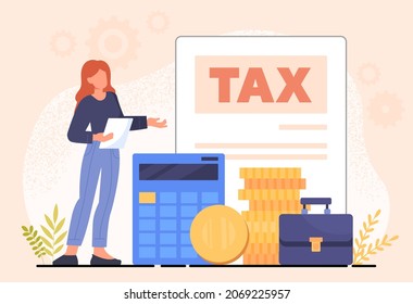 Concept of tax. Girl looks at her grouse. Calculator calculates how much money needs to be transferred to state. Financial literacy. People filling form, payroll. Cartoon flat vector illustration