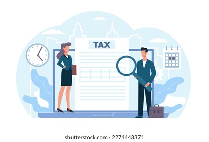 Concept of tax inspector budget analysis, man and woman overseeing compliance with financial laws. Research report and calculation. Cartoon flat isolated characters. Vector illustration