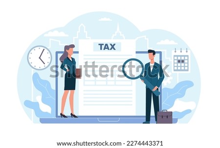 Concept of tax inspector budget analysis, man and woman overseeing compliance with financial laws. Research report and calculation. Cartoon flat isolated characters. Vector illustration
