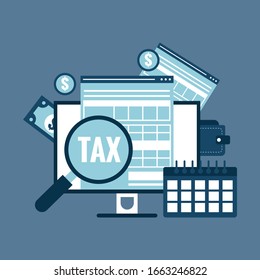 Concept tax payment. Data analysis, paperwork, financial research report and calculation of tax return. Payment of debt.