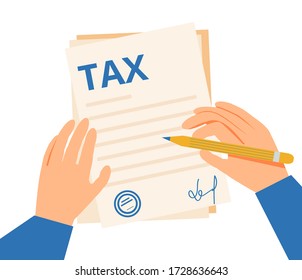 Concepto de pago de impuestos. Análisis de datos, papeleo, informe de investigación financiera y cálculo de la declaración fiscal. Pago de la deuda. Ilustración vectorial en estilo plano.
