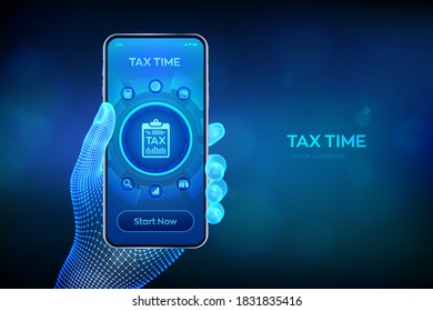 Concept tax payment. Data analysis, financial research report and calculation of tax return. Payment of debt. Government, state taxes. Robotic hand touching digital interface. Vector illustration.