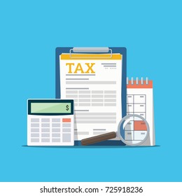 Concept tax payment. Data analysis, paperwork, financial research report and calculation of tax return. Payment of debt. Vector illustration in flat style.