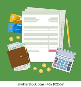 Concept of tax payment and invoice. Tax, bills, wallet with cash money, golden coins, credit cards, calculator, pencil. Vector illustration.