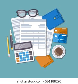 Concept of tax payment and invoice. Forms, documents, wallet, credit cards, calculator, pen, pencil, coffee, glasses, stickers for notes. Vector illustration.