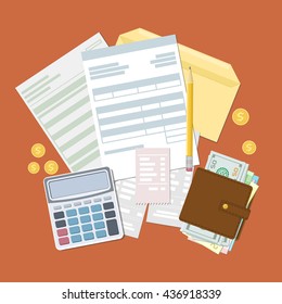 Concept of tax payment and invoice. Open envelope with tax bills and checks. Wallet with cash money, golden coins, calculator, pencil. Vector illustration.