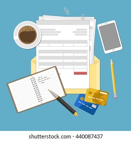 Concept of tax payment and invoice. Open envelope with tax bills, invoices. Bank credit cards, notebook with records, smartphone, pen, pencil and coffee cup.  Vector illustration.