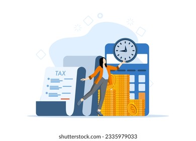 Concept of tax returns, optimization, duties, financial accounting. Successful businesswoman paying taxes on time. tax time. tax obligations. Vector illustration in flat design on white background.