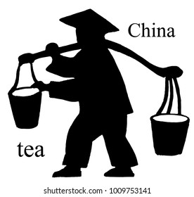 Concept of tea. The farmer (peasant) carries in the baskets the tea collected on the plantation. Black and white hand drawing. Vector illustration.