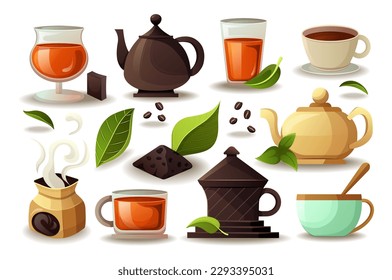 Concept Tea staff. This flat cartoon design depicts a set of tea-related elements and symbols, such as tea cups, tea pots, and tea bags. Vector illustration.