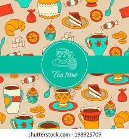 Concept of tea time sticker with sweet stuff