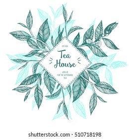 Concept tea vector illustration. Tea leaves frame illustration. Menu label with tea leaves. Linear graphic.