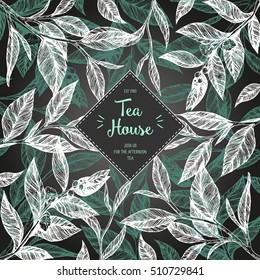 Concept tea vector illustration. Tea leaves frame illustration. Menu label with tea leaves. Linear graphic.