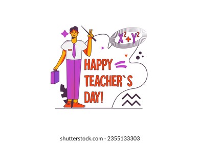 Concept Teachers day with people scene in the flat cartoon style. The mathematics teacher came in a good mood to teach the lesson, because today is his professional holiday. Vector illustration.