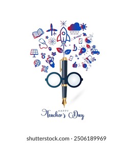 Concept for Teachers day wishes card. Modern futuristic technology, math science and medical teaching inspiring educational background.