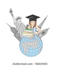 the concept of teaching around the world. world sights on the background of the Earth. girl with books. vector illustration.