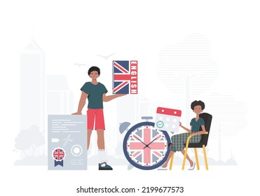 The concept of teaching English. English language team. trendy style. Vector.