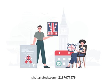The concept of teaching English. English language team. Trendy cartoon style. Vector.