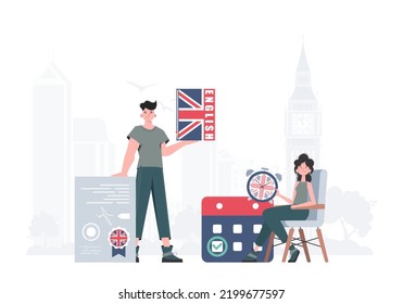 The concept of teaching English. English language team. Trendy cartoon style. Vector illustration.