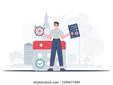 The concept of teaching English. Male teacher shows that it's time to learn English. Trendy flat style. Vector illustration.