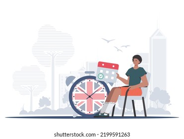 The concept of teaching English. A man, a calendar with a marked date and a clock. trendy style. Vector illustration.