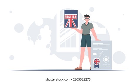 The concept of teaching English. A man holds an English dictionary and a certificate in his hands. trendy style. Vector.