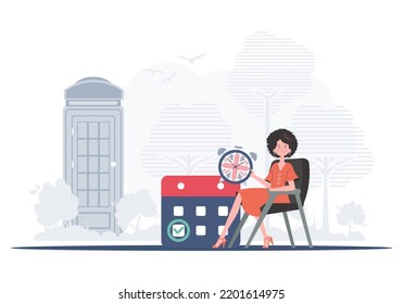 The concept of teaching English. Woman holding a calendar with a marked date and a clock. trendy style. Vector.