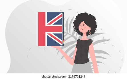 The concept of teaching English. A woman holds an English dictionary in her hands. trendy style. Vector illustration.