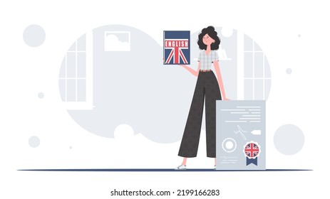 The concept of teaching English. A woman holds an English dictionary and a certificate in her hands. trendy style. Vector.