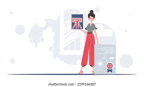 The concept of teaching English. A woman holds an English dictionary and a certificate in her hands. trendy style. Vector illustration.