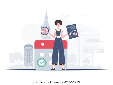 The concept of teaching English. Woman teacher shows that it's time to learn English. Trendy flat style. Vector illustration.