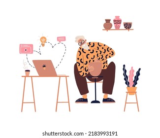 The concept of teaching pottery to the elderly. Grandpa making clay pot at home at online workshop. Concept of old people living full life. Illustration for banner, poster, card, t-shirt and other. 