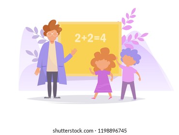 Concept of teaching at school Vector. Cartoon. Isolated art on white background. Flat Teacher and student at the blackboard