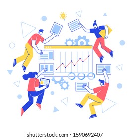 The concept of team building. Teamwork. Vector characters work together, create a website . Increase working productivity. For web, banner, mobile app, landing page, vector flat design.