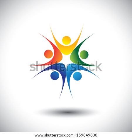 concept of team celebrating success and jumping in joy. This unusual vector graphic also represents excited people, people dancing, school children or kids playing, colorful employees in circle