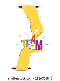 Concept of Team - flat design style colorful illustration isolated on white background. Two hands holding letters.