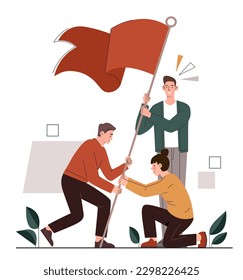 Concept of team goals. Men and women with red flag in their hands, achievement. Team work and partnership. Colleagues working on start up and common business project. Cartoon flat vector illustration
