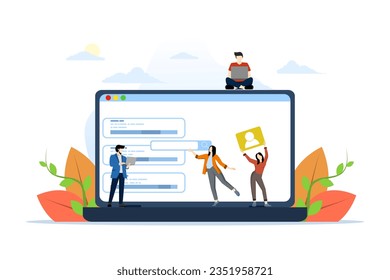 concept of a team of people developing a website by filling it with functions, vector illustration for website and mobile site development, SEO, mobile app, business solutions, vector illustration.