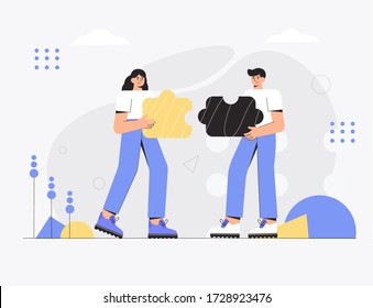 The concept of team work, business, partnership, cooperation. Two young people hold and connect two parts of the puzzle. Vector illustration in a modern flat style, for banners, ads, flyers.