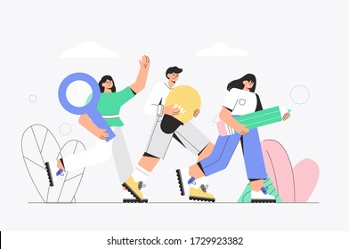 The concept of team work, business, partnership, cooperation. Brainstorming, business collaboration, several people running to the goal, holding a magnifying glass, a light bulb, an idea and a pencil.