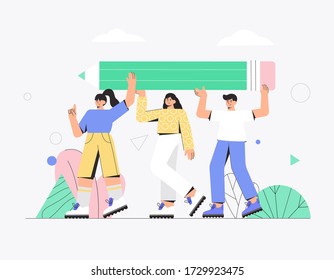 The concept of team work, business, partnership, cooperation. Team work in project, several people, man and  woman holding large pencil. Vector illustration in a modern flat style.