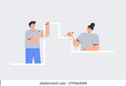 The concept of team work, business, partnership, cooperation. Team work in project, group of people, man and woman draw a common line. Flat design vector.