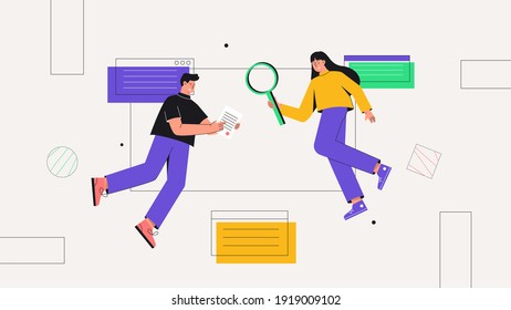 The concept of team work, business, partnership, cooperation. Male and female character working on website or application, developing computer software, coding and programming .