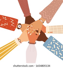 Concept of team work. Friends with stack of hands showing unity and teamwork, top view. People putting their hands together. Flat cartoon vector illustration.