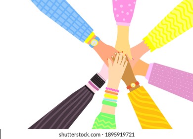 Concept of team work. Friends with stack of hands showing unity and teamwork, top view. People putting their hands together. Flat design, vector illustration.