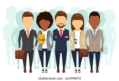 The concept of team work. A group of businessmen are depicted without faces. In flat style on white background. Cartoon.