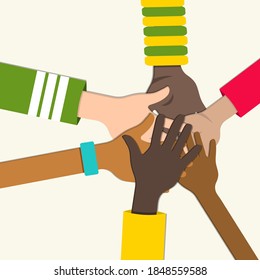 Concept of team work. Hands of diverse group of people putting together. vector illustration.