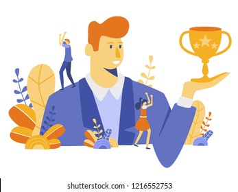 Concept team work, winner, leader and leadership for social media. Man with golden cup, Teamwork, Group of young people. Business and management, success, financial growth. Vector illustration