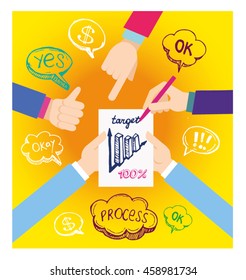 concept of teamwork analyzing project on business meeting.  Success, idea, growing, international business and strategy vector illustration. 